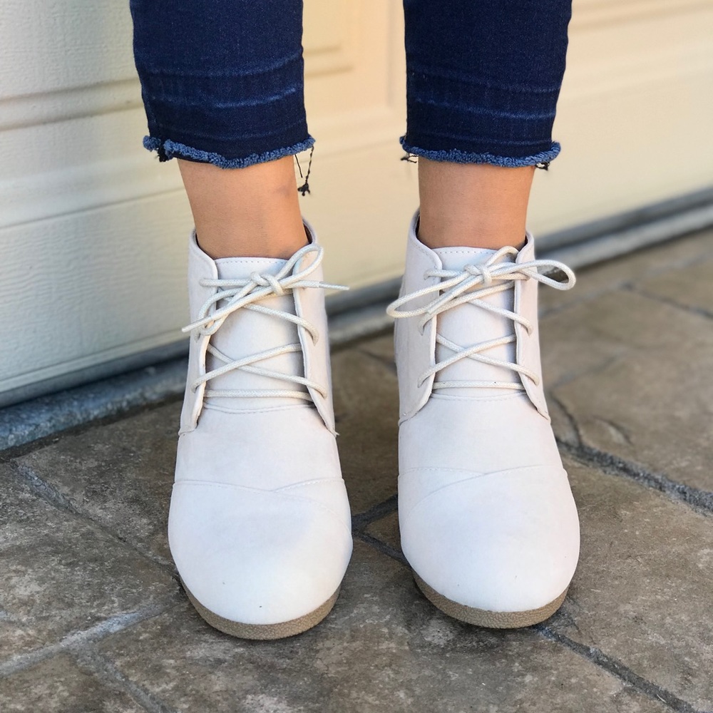 Cream Lace Up Wedge Ankle Bootie - Picture 3 of 6